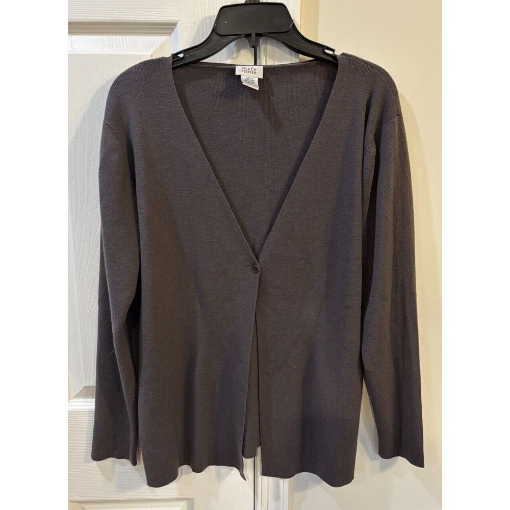 Eileen Fisher Cardigan Sweater Women's Sz L 100% Wool Purple ‎ **Flaws**